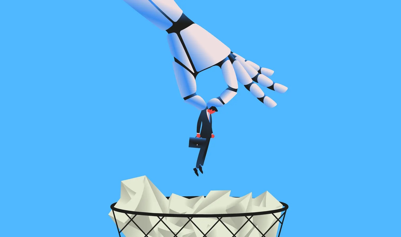 robot hand dropping a business man into a garbage can