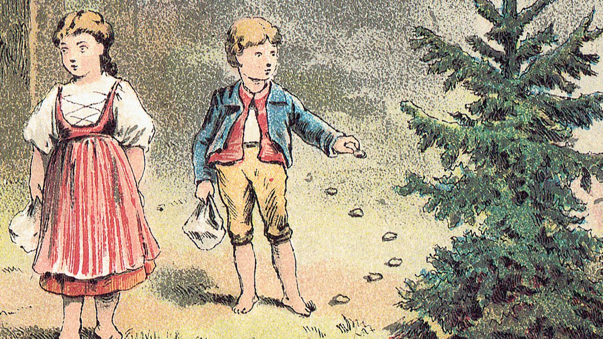 Hansel and Greta from Asop's fable laying down breadcrumbs