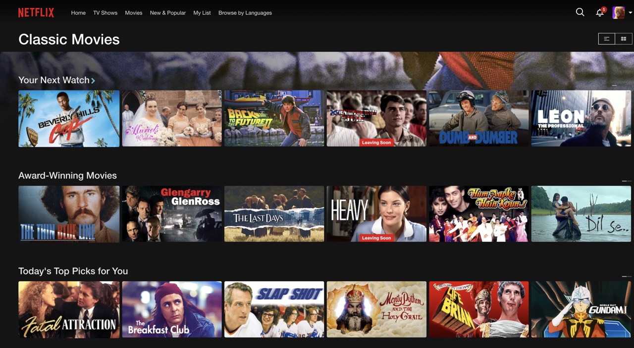 netflix home screen classic movies