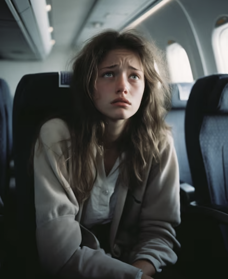 girl who is looking sad on a plane