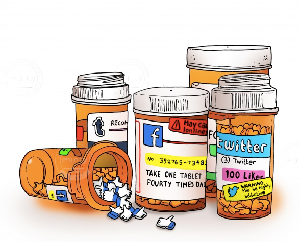 pill bottles emulating likes and social engagements, showing how people are addicted to social media