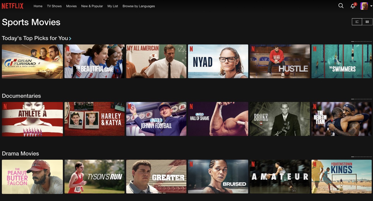 netflix home screen sports