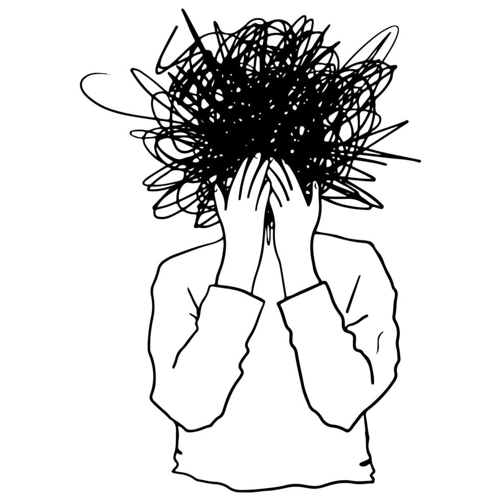 a guy with scribbles all over his head showing worry